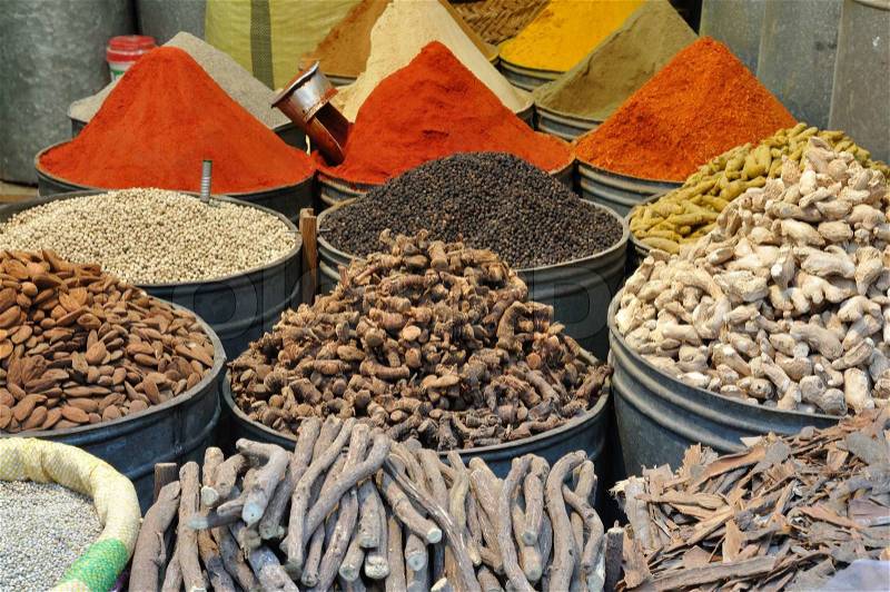 Spices for sale in the Medina of Fes, Morocco, stock photo
