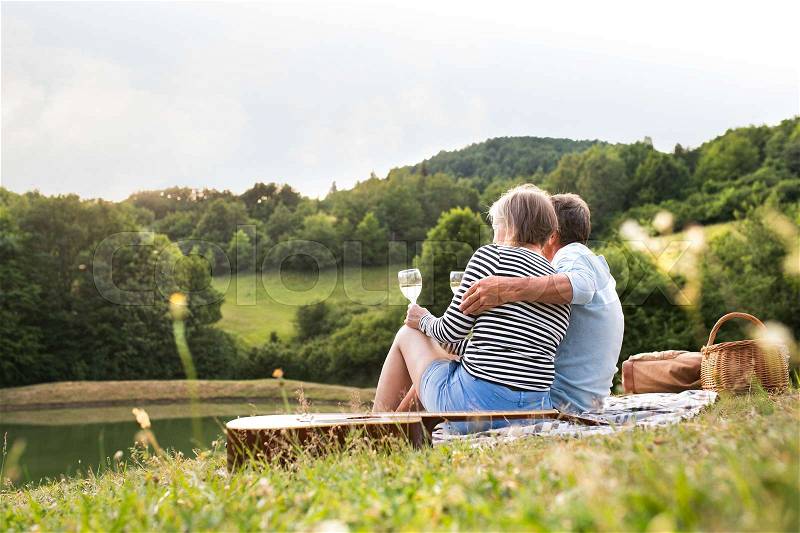 Beautiful senior couple at the lake having a picnic. Green sunny summer nature, stock photo