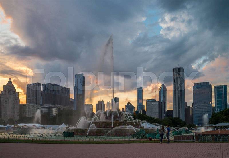Buckingham fountain in Grant Park, Chicago, USA, stock photo