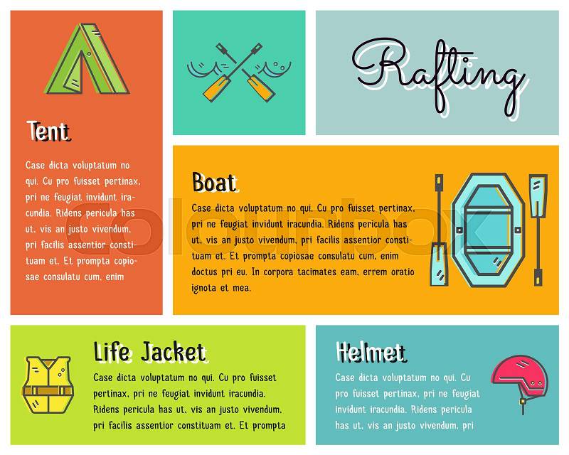 Flat design vector infographics of kayaking, canoe equipment with text and icons, emblems. Cute drawing style for web, mobile app, long shadow. Outdoor adventure and travel theme. Illustration, vector