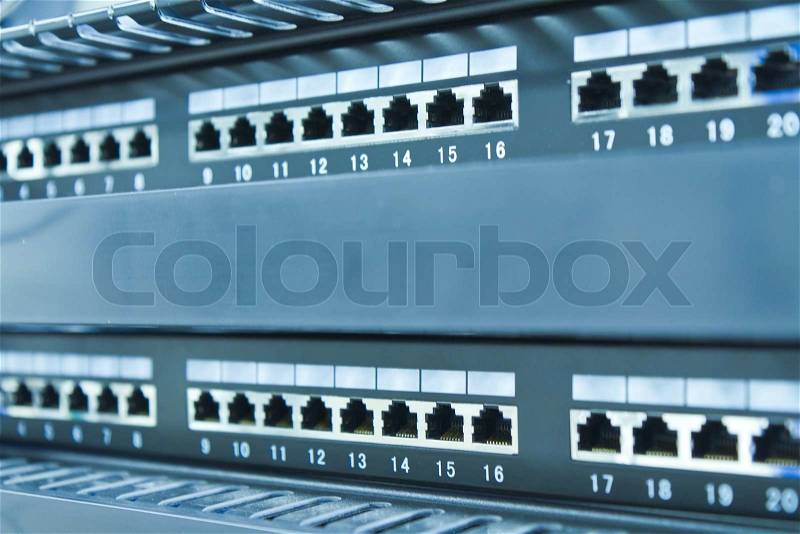 Network hub without patch cables, stock photo