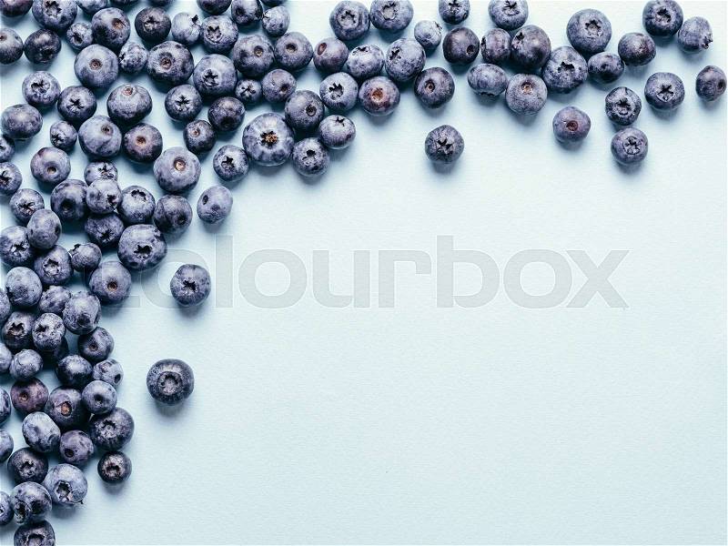 Blueberries on blue background. Blueberry border design. Fresh picked bilberries close up. Copyspace. Top view or flat lay, stock photo