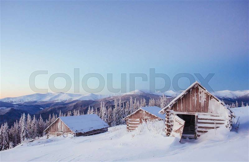 Fantastic winter landscape, the steps that lead to the cabin. Magic event in frosty day. In anticipation of the holiday. Dramatic scenes. Carpathian, Ukraine, Europe. , stock photo