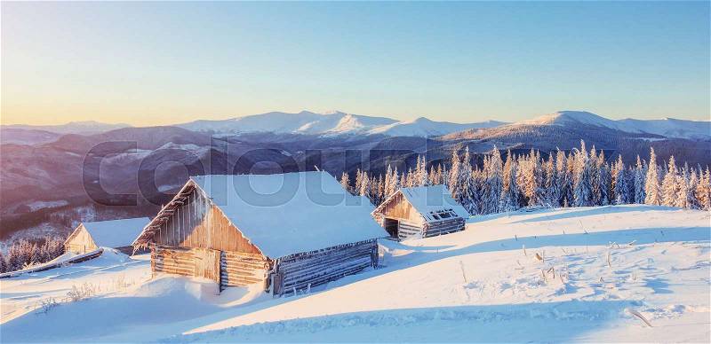 Fantastic winter landscape, the steps that lead to the cabin. Magic event in frosty day. In anticipation of the holiday. Dramatic scenes. Carpathian, Ukraine, Europe. , stock photo