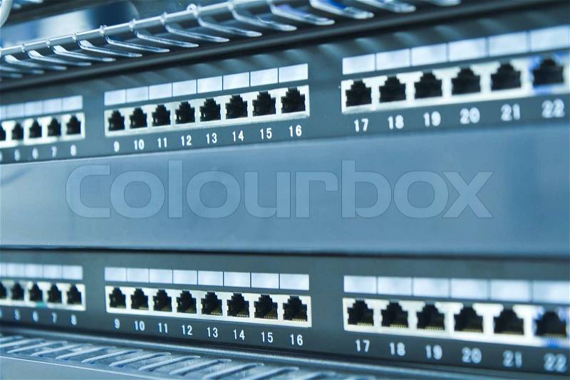 Network hub without patch cables, stock photo