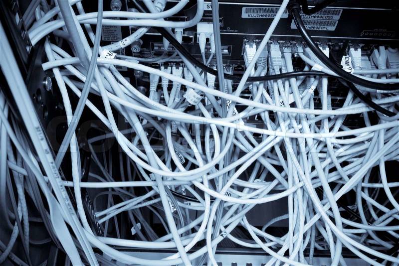 Cables connected to web hosting terminal, stock photo