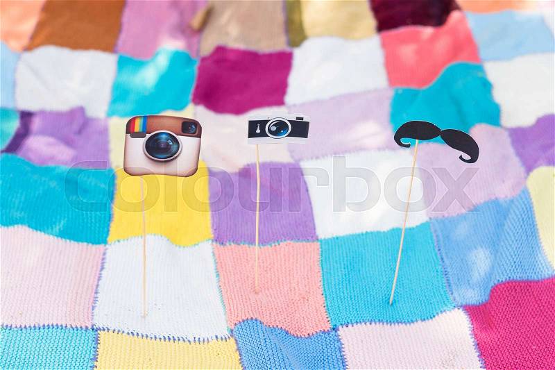 Photo booth props, outdoor party decoration. Birthday or wedding set, stock photo