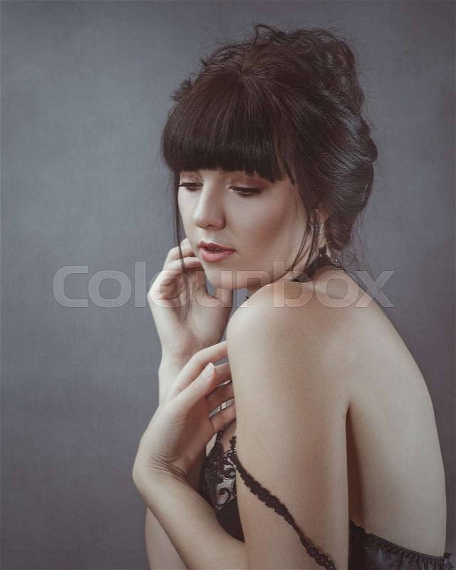 Beauty brunette, retro styled female portrait, stock photo