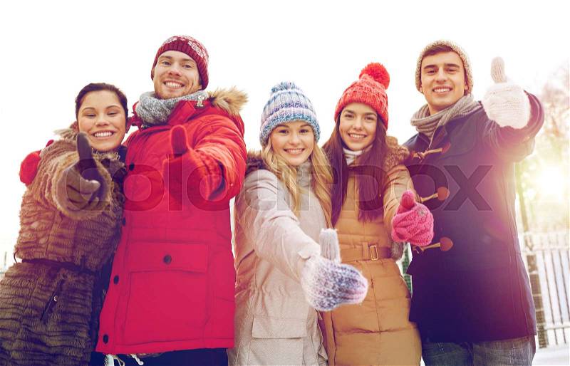 Love, relationship, season, friendship and people concept - group of smiling men and women walking in winter forest, stock photo