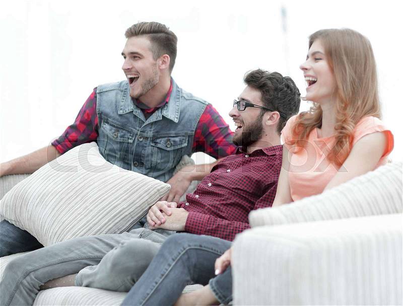 Group of young people going on the couch. photo on white background, stock photo