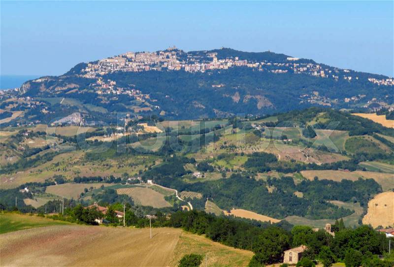 Countryside view from the Fortress of San Leo, San Leo, Italy, stock photo