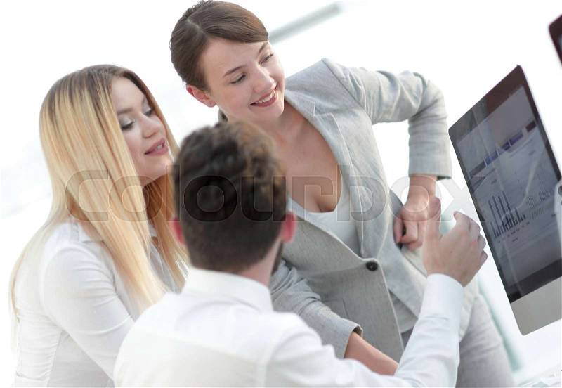 Business team discussing work problems at the office, stock photo