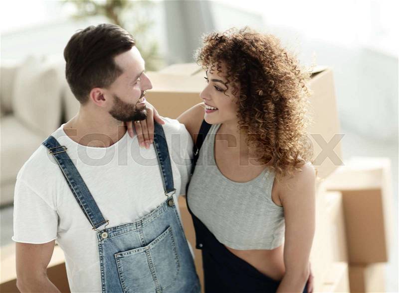 Happy family plans its future. Preparation for housewarming, stock photo