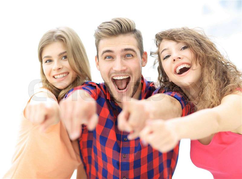 Closeup of three happy young people showing hands forward. the concept of perspectives, stock photo