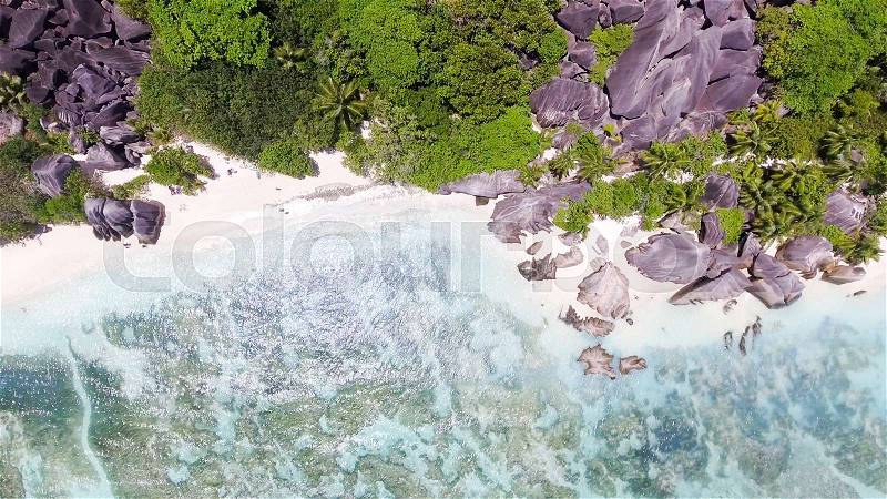 Overhead view of Anse Source D'argent in La Digue - Seychelles Islands, stock photo