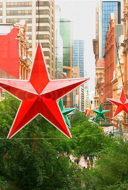 Modern and historic buildings and star decorations, stock photo