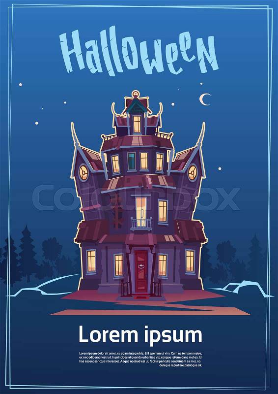 Happy Halloween Gothic Castle With Ghosts In Moonlight Holiday Greeting Card Concept Flat Vector Illustration, vector