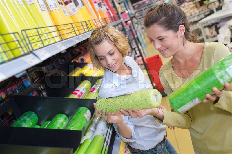 2 female friends buying home decoration at hardware store, stock photo