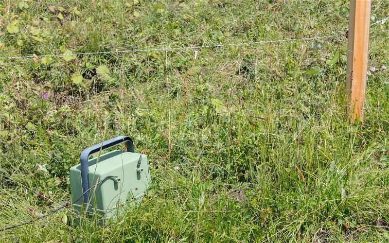 Green battery powering an electric fence - Austria, stock photo