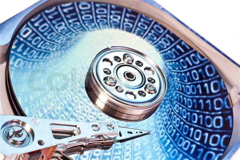 Close up of hard disk with abstract reflection, stock photo
