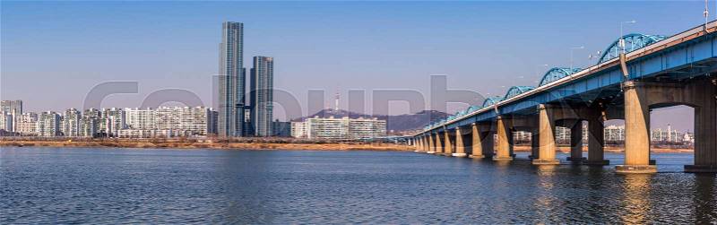 Panorama,Seoul Subway and Bridge at Hanriver in Seoul, South korea, stock photo