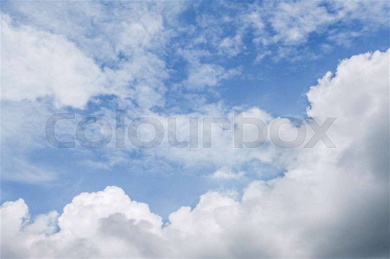 Cloudy sky and blue clear sky clouds background, stock photo