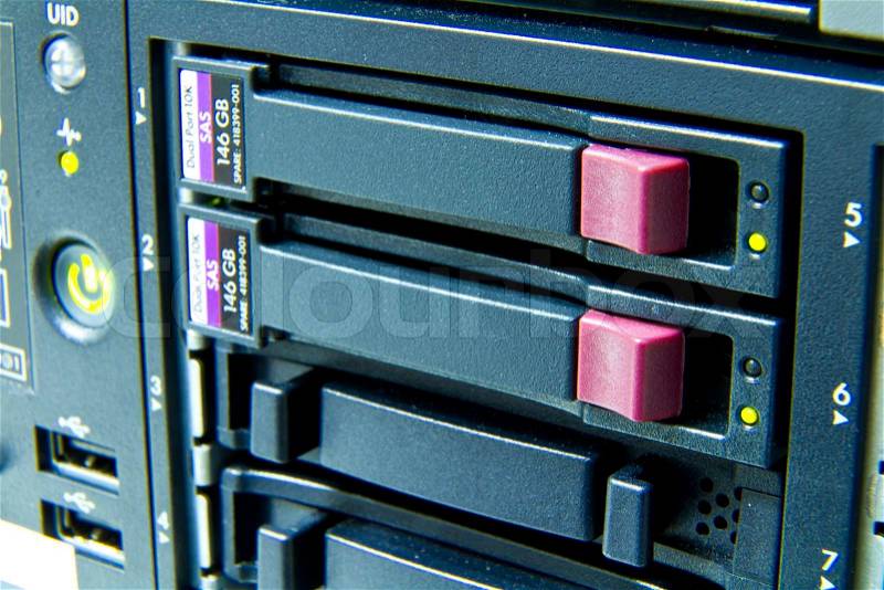 Storage area with scsi hard drives, stock photo