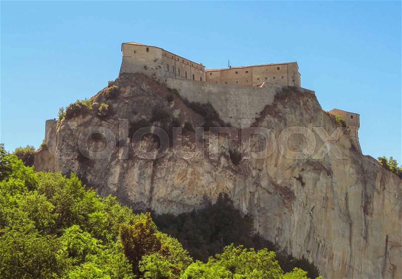The Renaissance Fortress of San Leo, located on a rocky cliff, dates back to the fifteenth century, stock photo