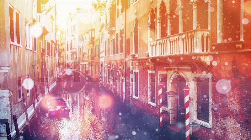 Canal with gondolas in Venice, Italy. Photo greeting card. Bokeh light effect, soft filter. , stock photo