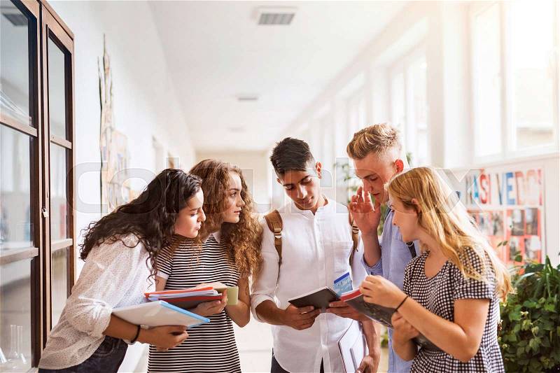 Group attractive teenage students in high school hall, talking together, stock photo