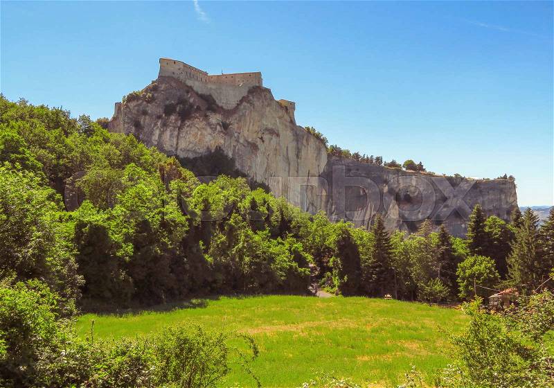 The Renaissance Fortress of San Leo, located on a rocky cliff, dates back to the fifteenth century, stock photo