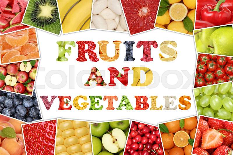 Frame word fruits and vegetables with apple, orange, tomatoes, lemon, banana and strawberry, stock photo