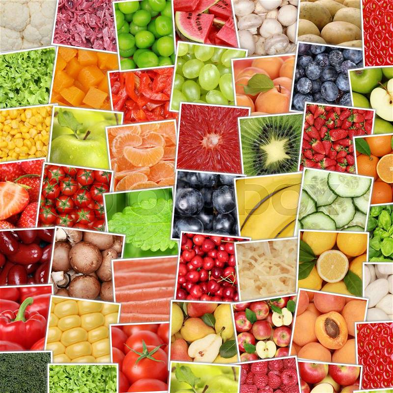 Fruits and vegetables background with tomatoes, lemons, apples, oranges, stock photo