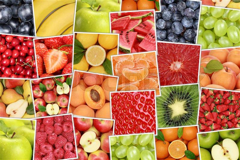 Vegan and vegetarian fruits background with apples, oranges, strawberries, banana, cherries, stock photo