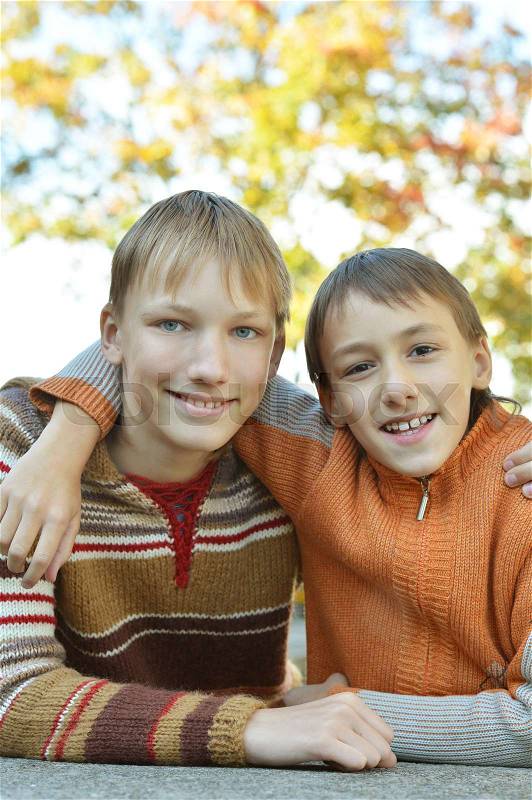 Portrait of two brothers hugging in autumnal park, stock photo