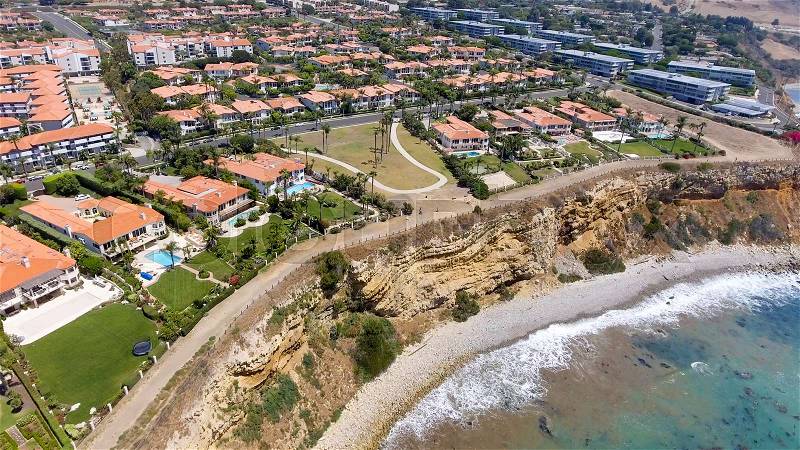 Aerial view of Rancho Palos Verdes coastline and homes, California, stock photo