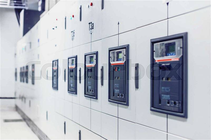 Electrical switchgear, Industrial electrical switch panel. Equipments, pipes in a modern thermal power plant, stock photo