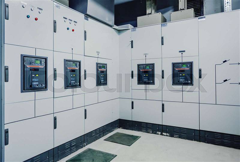 Low voltage switchgear at power plant. Electrical switchgear. Industrial electrical switch panel of power plant, stock photo