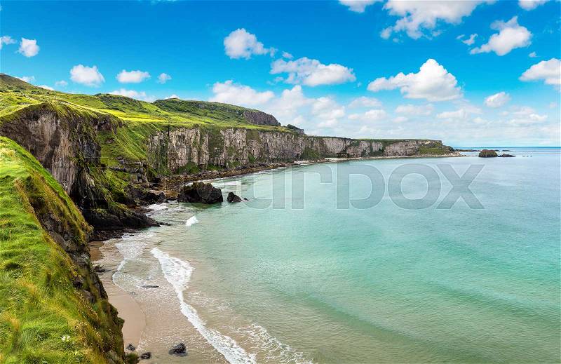 Carrick-a-Rede, Causeway Coast Route in a beautiful summer day, Northern Ireland, United Kingdom, stock photo