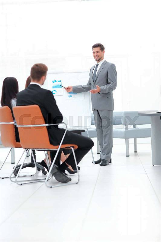 Senior Manager makes a presentation in the office. business training. photo with blank space for text, stock photo