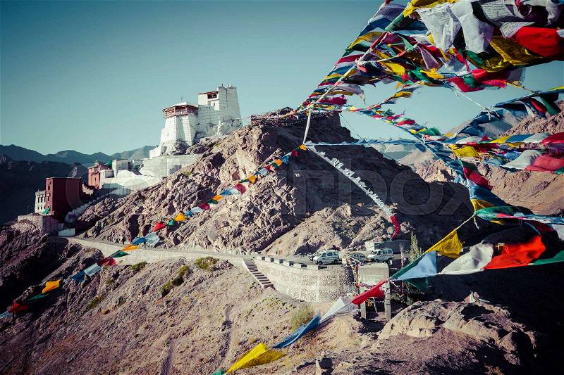 Prayer tibetan flags near the Namgyal Tsemo Monastery in Leh, Ladakh, stock photo