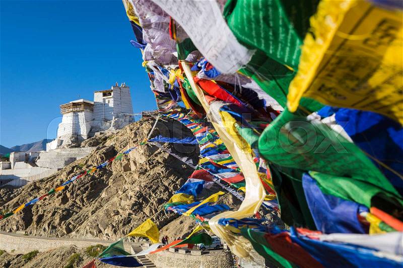 Prayer tibetan flags near the Namgyal Tsemo Monastery in Leh, Ladakh, stock photo
