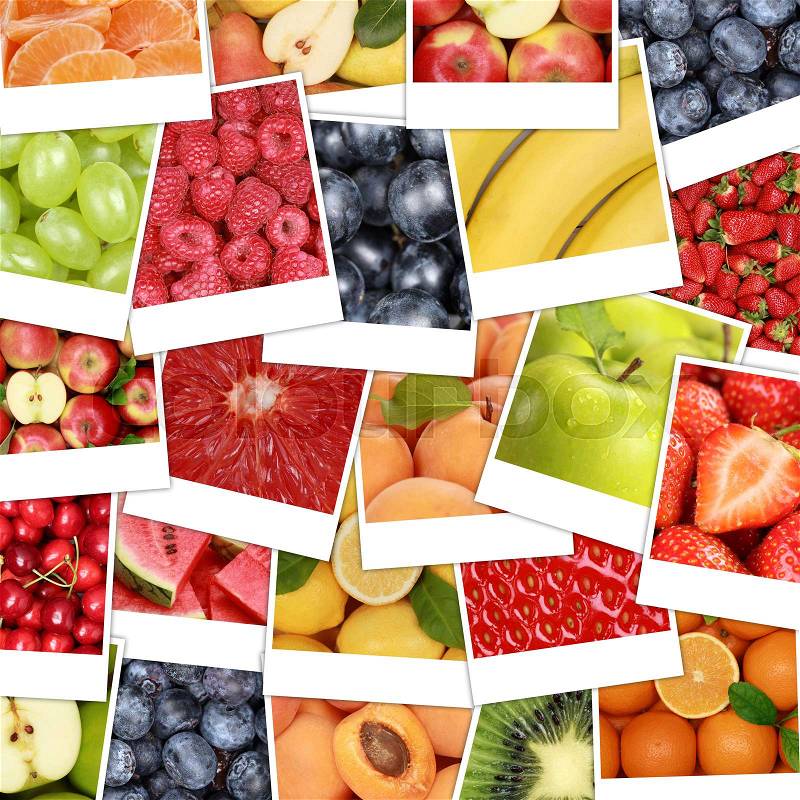 Food fruits background with apple fruit, oranges, lemons, banana and strawberry, stock photo