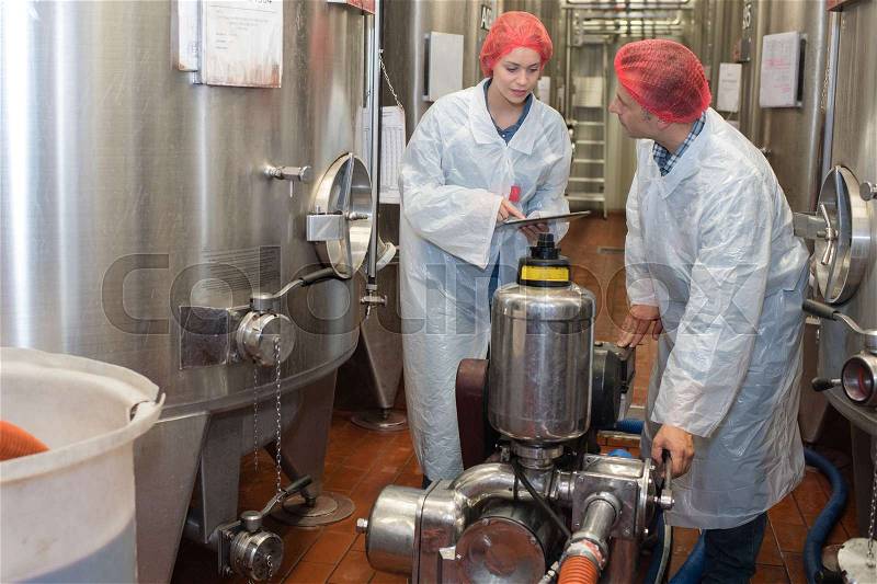 Biologist team talking and wearing hairnet in the factory, stock photo