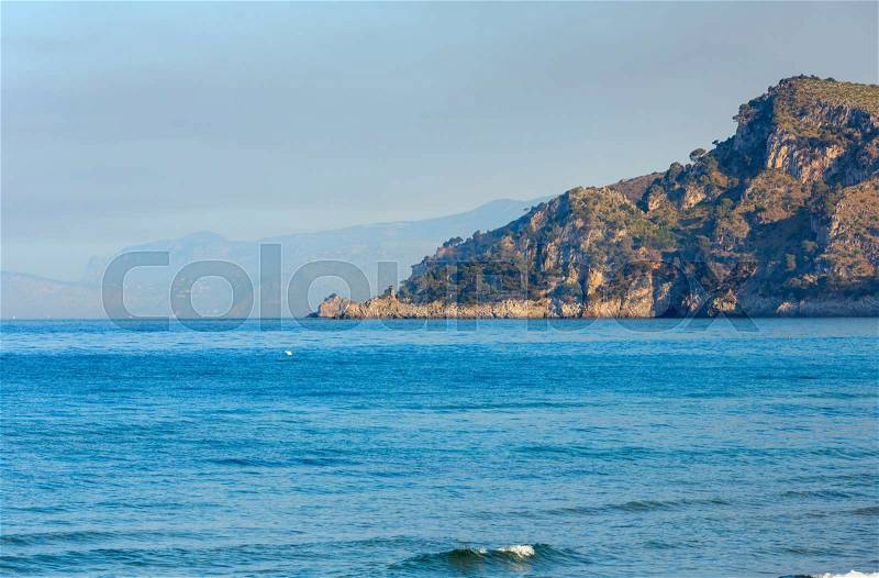 Morning shadows on beautiful Tyrrhenian sea rocky coast (Gaeta, Latina, Italy), stock photo