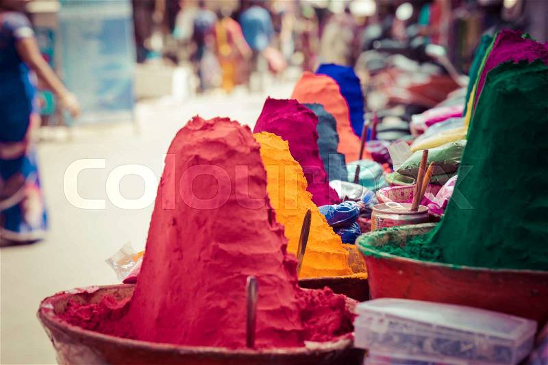 Colorful powder for sale on the festive occassion of Holi in India, stock photo