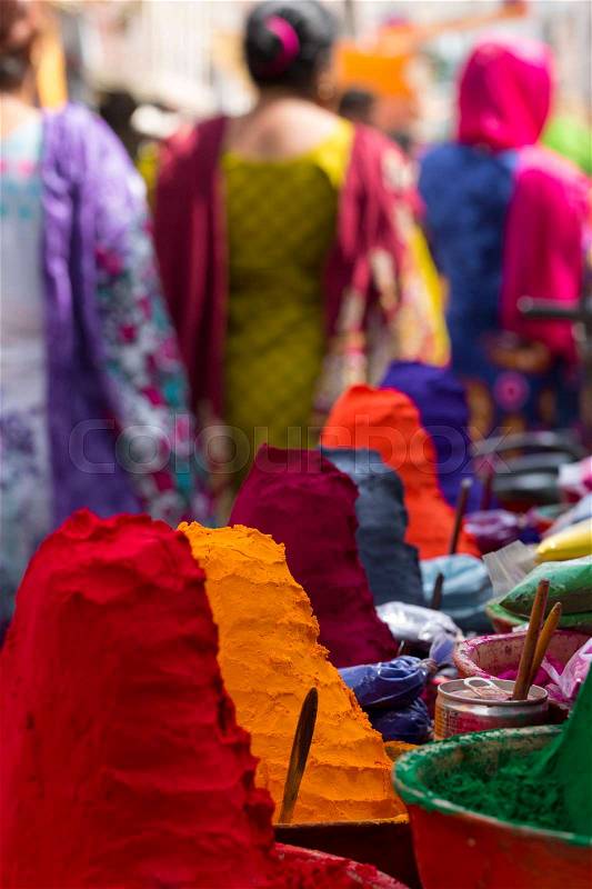 Colorful powder for sale on the festive occassion of Holi in India, stock photo