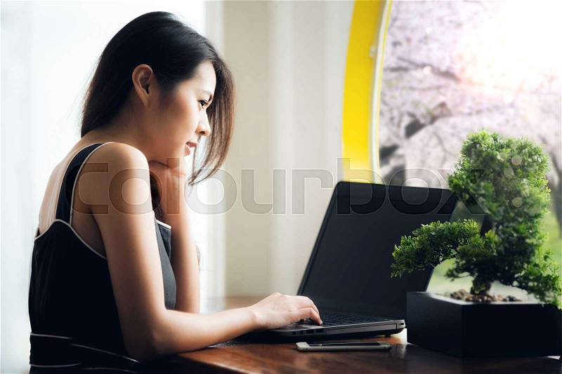Asian officer take relax with computer note book and get sunlight from windows, Japan and sakura concept, stock photo