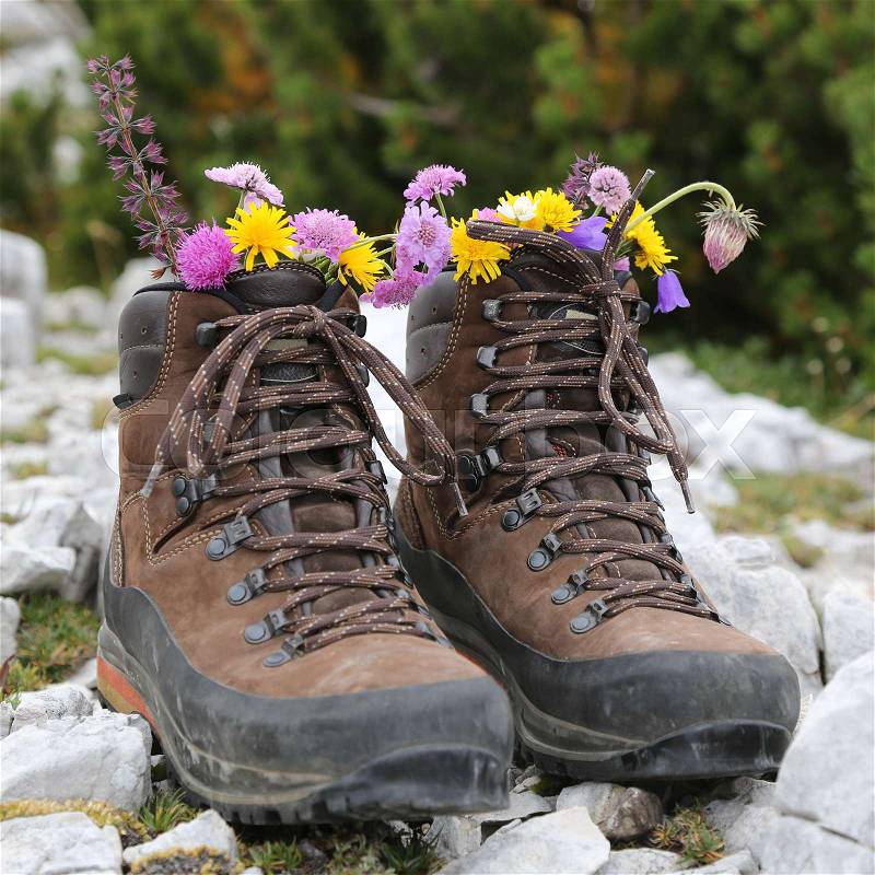 Hiking boots with flowers on a rock in the mountains, stock photo