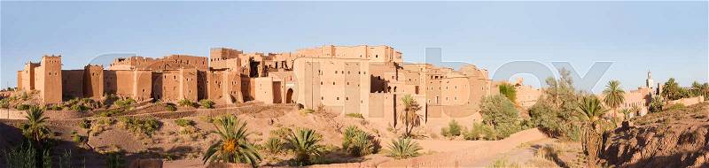 Panoramic view of magnificent kasbah or old traditional arab fortress in the city of Ouarzazate, Morocco, stock photo